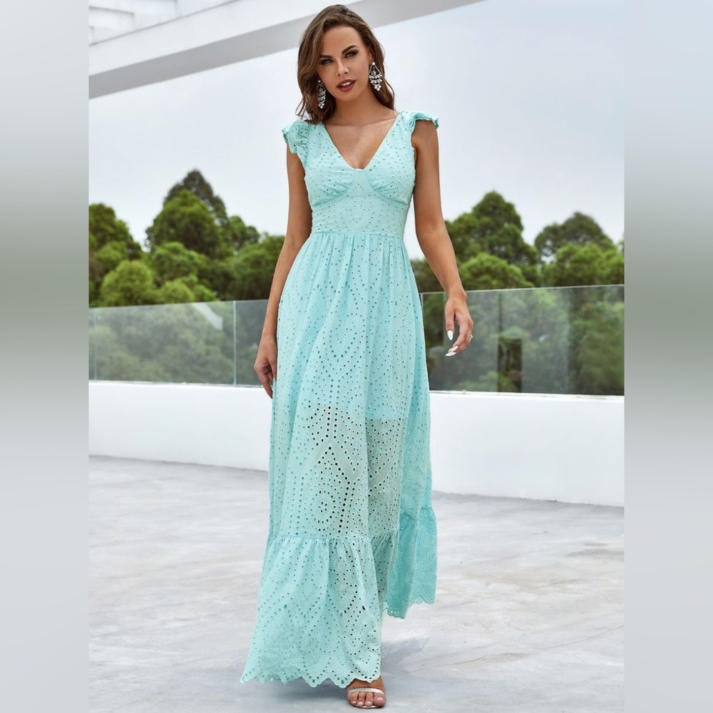 Elegant Aqua Eyelet Maxi Dress